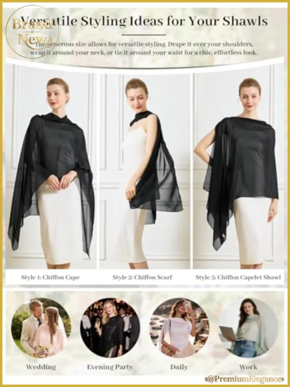 Chiffon Cape Shawl Wrap Scarf Sheer Capelet for Evening Dresses Weddings Parties